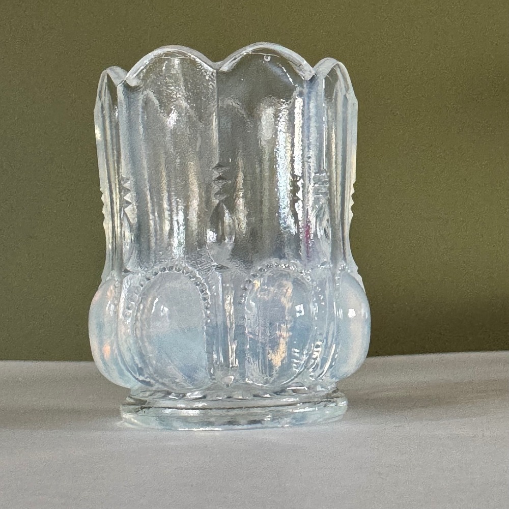 Vintage Opalescent Glass Toothpick Holder Scalloped Beaded Paneled Votive